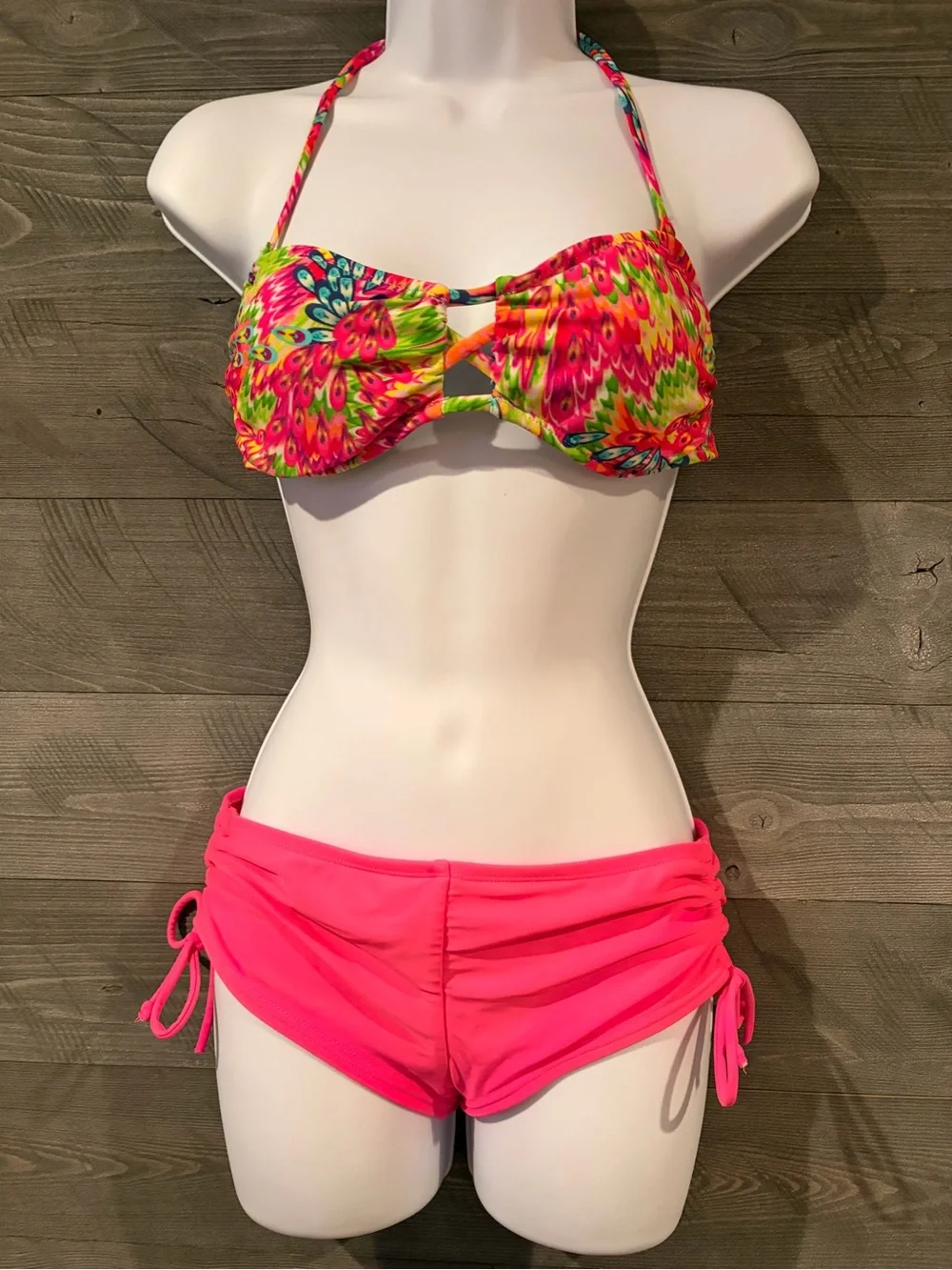 H&M Hot Pink Floral Print Bandeau Bikini with Neon Pink Shorts